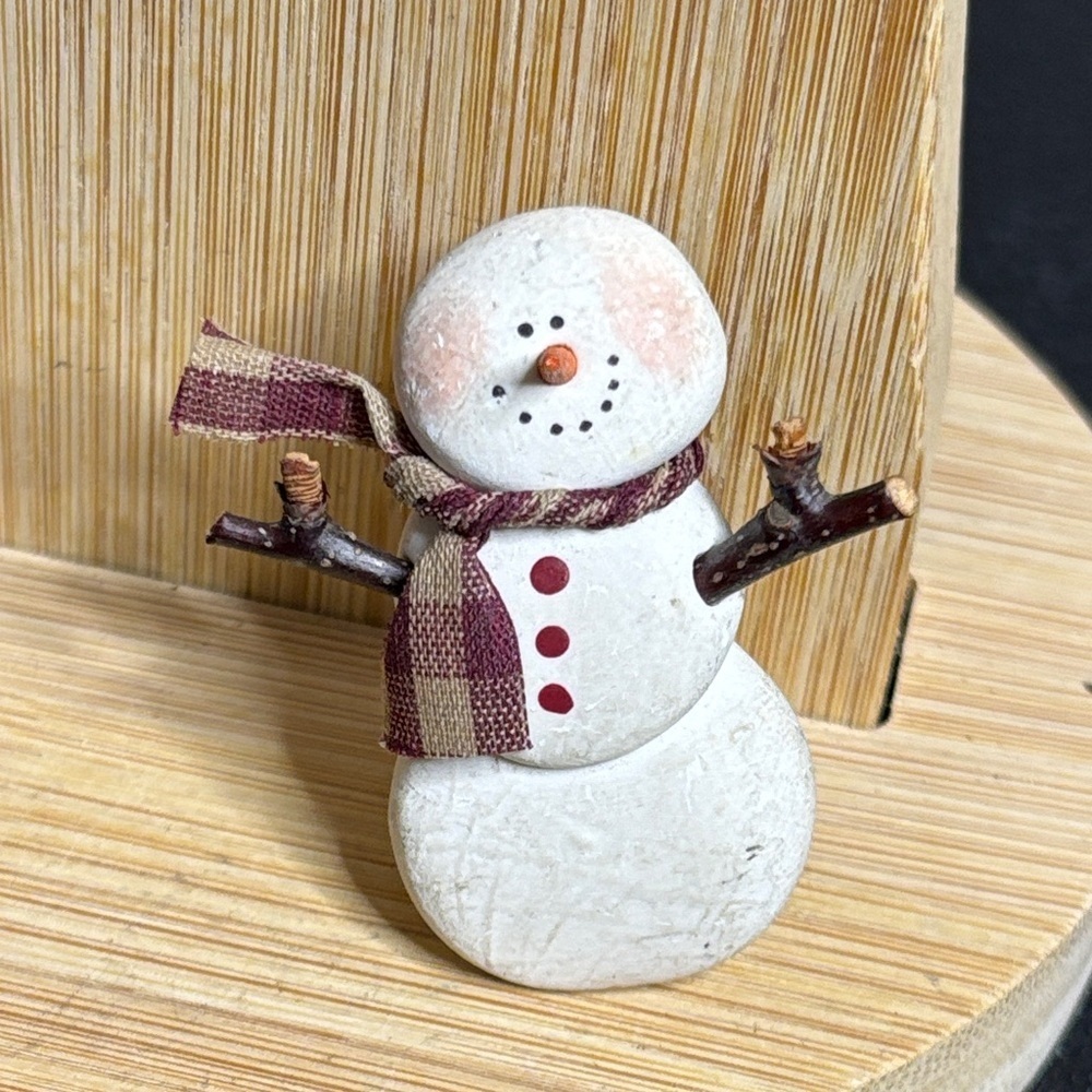 Vintage Clay Carrot Nose Bald Head Snowman Brooch Country